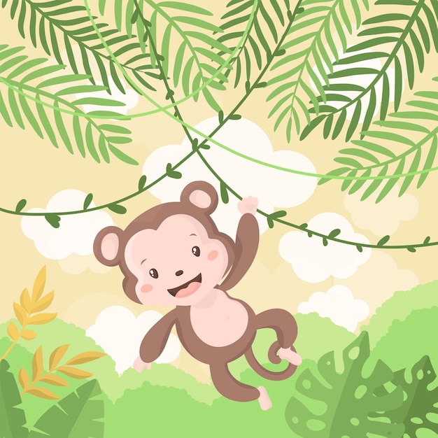 Illustrazione della scimmia sveglia del bambino su un albero alla giungla