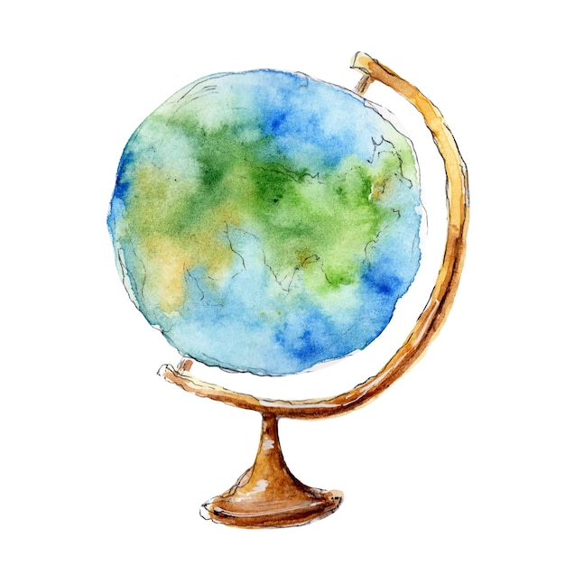 Illustrazione della scuola sveglia disegnata a mano dell'acquerello del globo del mondo isolata su fondo bianco