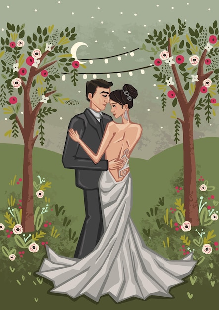Illustrazione della sposa e dello sposo il giorno del matrimonio Illustrazione di alta qualità
