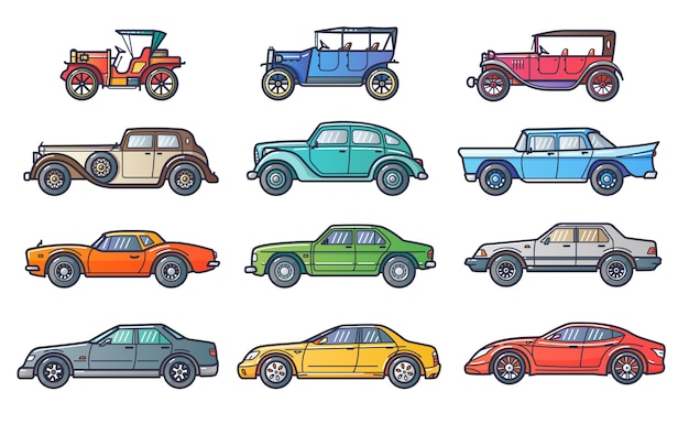 Illustrazione della storia dell'auto in stile alla moda linea piatta. Evoluzione con auto retrò e vintage. Linea artistica.
