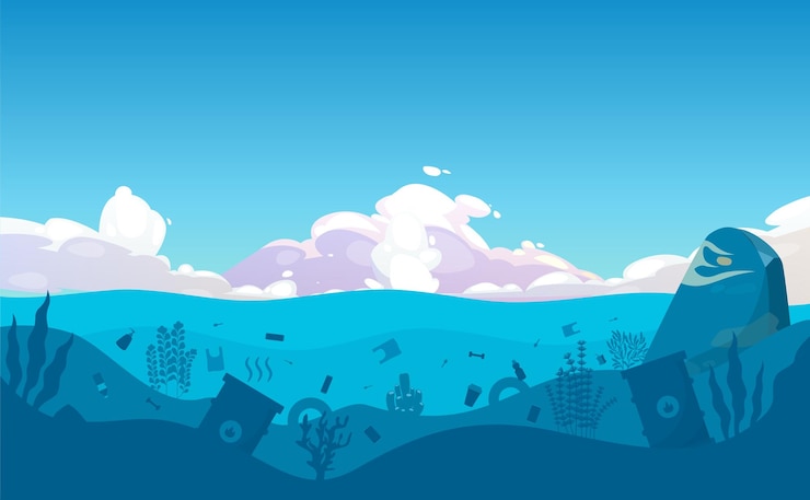 Vettore illustrazione della superficie subacquea sporca con diversi tipi di immondizia cielo grande nuvola fauna barriera corallina alghe piante silhouette superficie oceanica inquinata