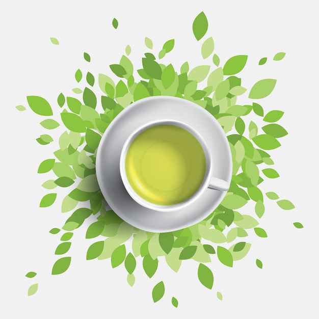 Illustrazione della tazza di tè verde. Foglie verdi con una tazza di tè. Concetto di salute.