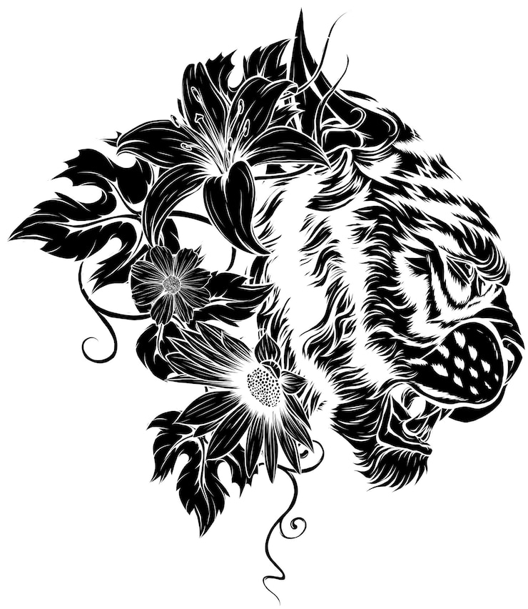 Vettore illustrazione della testa di tigre in fiori colorati