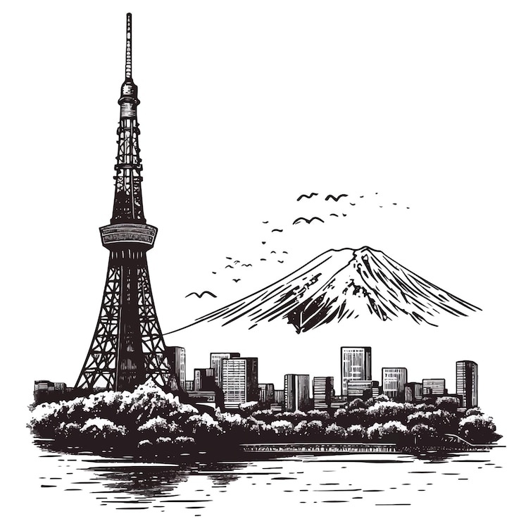 Vettore illustrazione della torre di tokyo e dei fiori di ciliegio