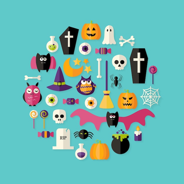 Illustrazione delle icone piane di Halloween impostate su Blue