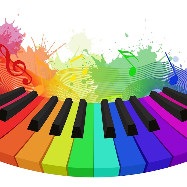 Illustrazione delle note musicali e della w dei tasti del pianoforte colorate arcobaleno