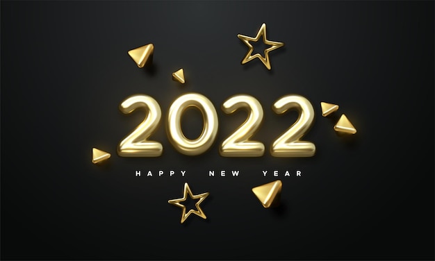 Illustrazione delle vacanze di capodanno di numeri metallici dorati 2022 e forme d'oro 3d