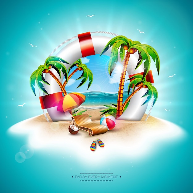 Illustrazione delle vacanze estive con cintura di salvataggio e palme esotiche su sfondo tropicale dell'isola