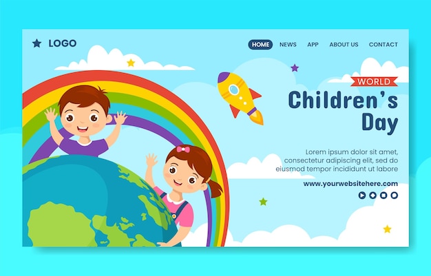 Illustrazione dello sfondo dei modelli disegnati a mano dei cartoni animati della pagina di destinazione dei social media per la giornata dei bambini