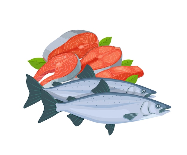 Illustrazione dello stock di salmone intero e di fette di salmione