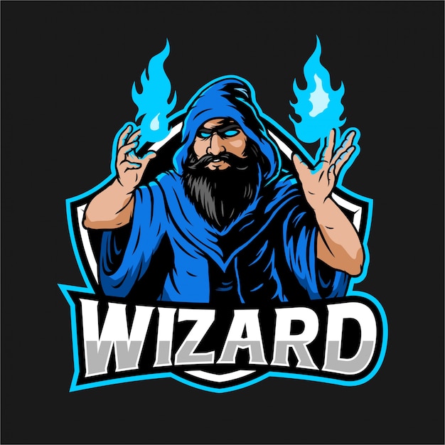 Illustrazione dello stregone con fuoco blu a disposizione per il logo esport