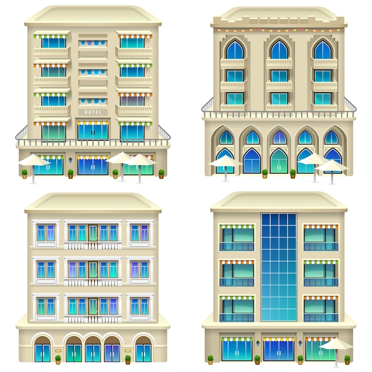 Vettore illustrazione dettagliata delle icone dell'hotel.