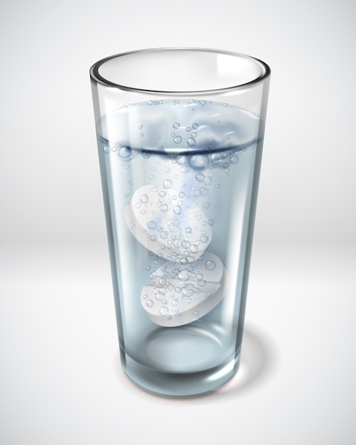 Illustrazione di acqua di pillola effervescente di bicchieri di vetro realistici