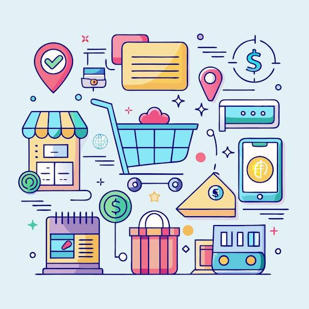 Illustrazione di acquisti online con varie icone