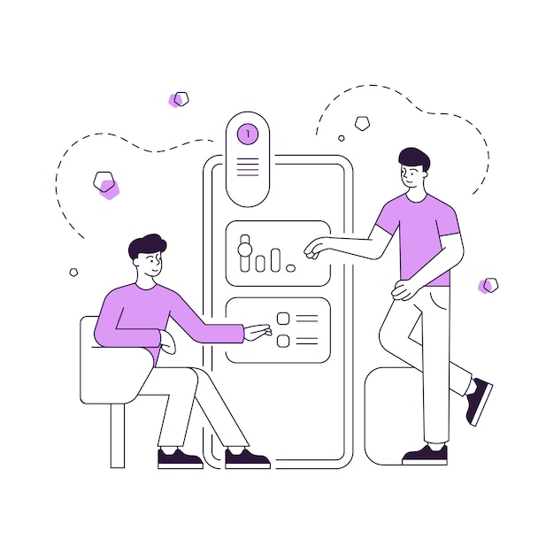 illustrazione di amici maschi lineari che regolano le impostazioni e scelgono varie opzioni nell'applicazione online mentre utilizzano insieme lo smartphone moderno
