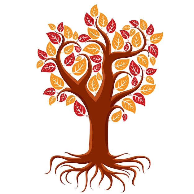 Illustrazione di arte di vettore dell'albero ramificato di autunno con le radici forti. Immagine simbolica dell'albero della vita, tema di conservazione dell'ecologia.