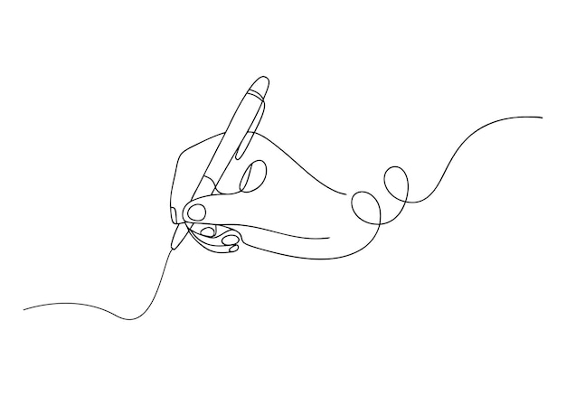 Illustrazione di arte lineare di una mano che tiene una penna e scrive