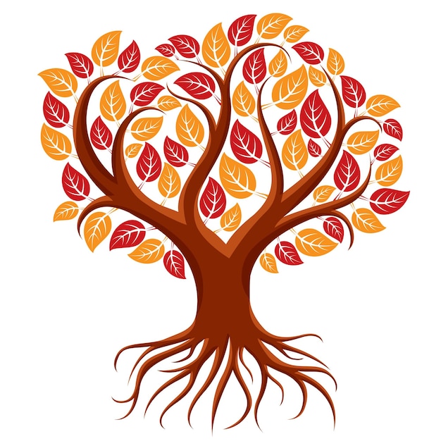 Illustrazione di arte vettoriale di albero ramificato con radici forti. Immagine simbolica dell'albero della vita, tema di conservazione dell'ecologia.