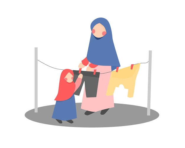 Illustrazione di asciugatura dei vestiti di madre e figlia