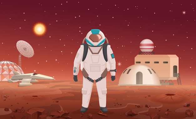 illustrazione di astronauta in tuta spaziale in piedi presso la colonia sul pianeta.