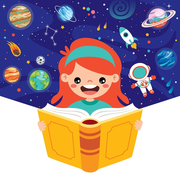 Illustrazione di bambini che leggono Bookmoon, galassia, razzo, tecnologia, astronauta, scienza, pianeta, unive