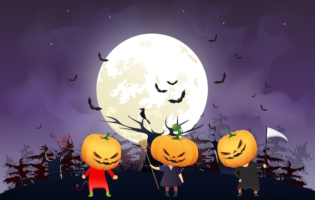 illustrazione di bambini dolcetto o scherzetto in costume di Halloween