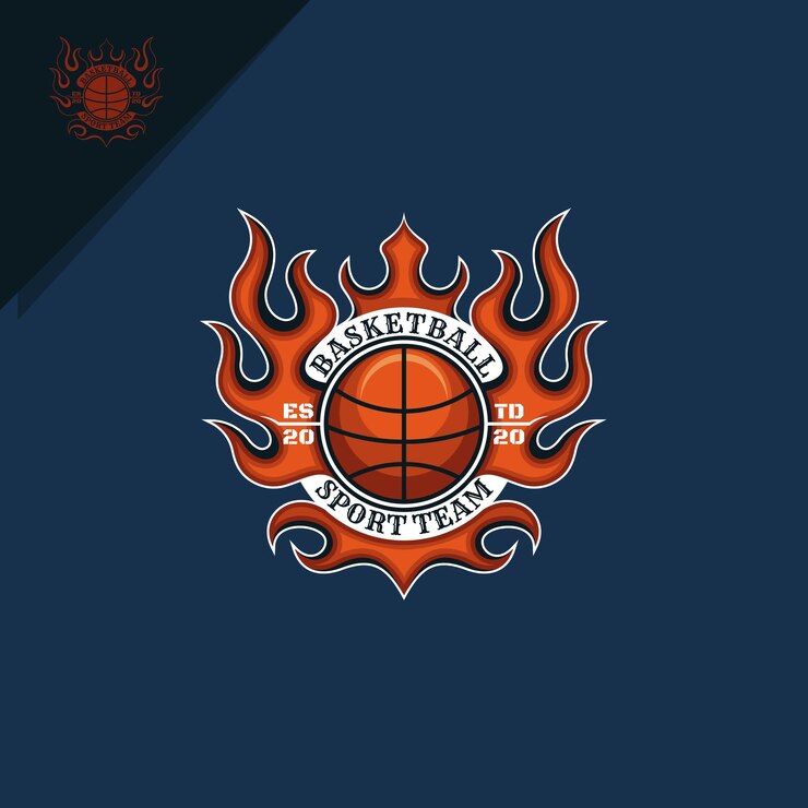 illustrazione di basket con fuoco e corona per il logo dell'emblema