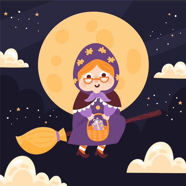 Illustrazione di befana piatta disegnata a mano