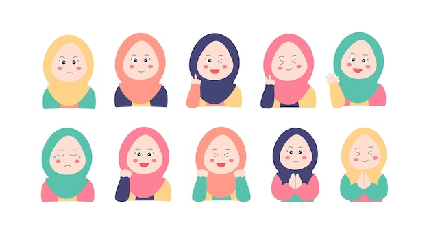 Illustrazione di carini femminili islamici con varie espressioni facciali