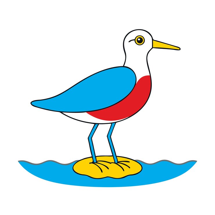Vettore illustrazione di cartone animato di un gabbiano in piedi su un'isola gialla nell'acqua