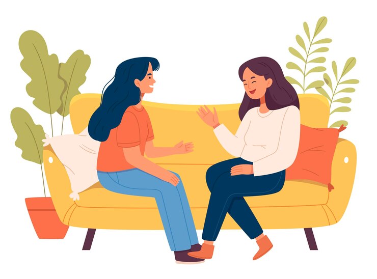 Illustrazione di cartoni animati di amiche sorridenti, donne felici che ridono e chiacchierano sedute sul divano.