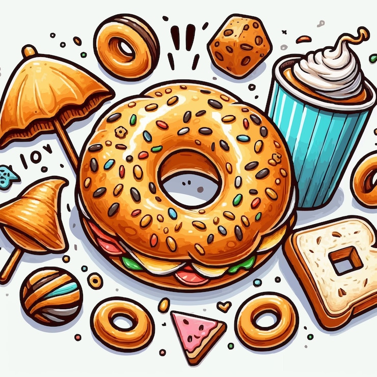 Vettore illustrazione di cartoni animati di bagel disegnati a mano