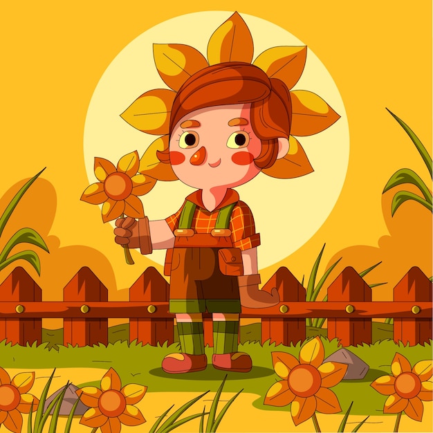 Illustrazione di cartoni animati di girasole disegnati a mano