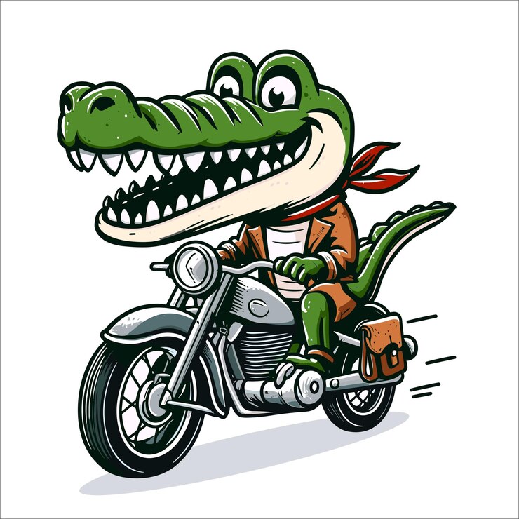 Vettore illustrazione di cartoni animati di un coccodrillo in motocicletta