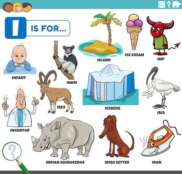Illustrazione di cartoni animati educativi per bambini con personaggi comici e oggetti impostati per la lettera I