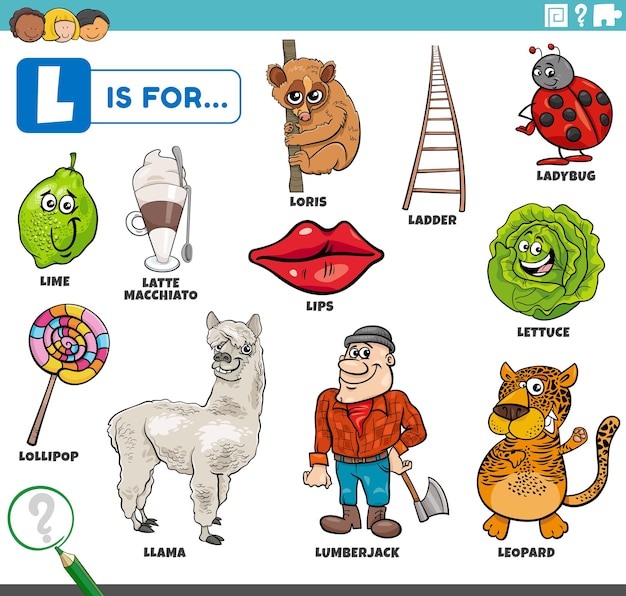 Illustrazione di cartoni animati educativi per bambini con personaggi comici e oggetti impostati per la lettera L