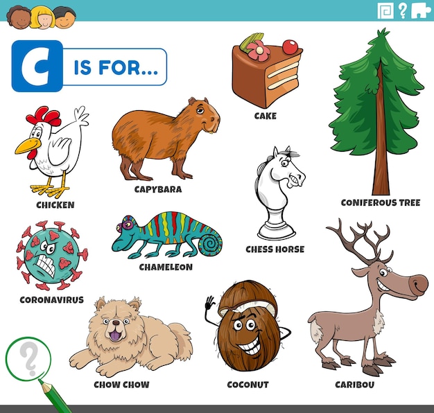 Illustrazione di cartoni animati educativi per bambini con personaggi e oggetti impostati per la lettera C