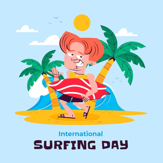 Illustrazione di cartoni animati retro della Giornata Internazionale del Surf Flat
