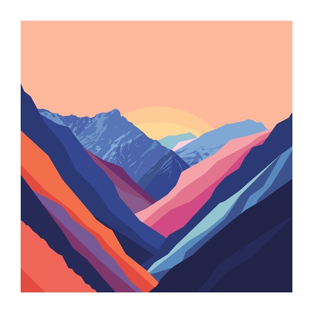 Illustrazione di catena montuosa vibrante sotto il cielo al tramonto opere d'arte di natura colorata geometrica astratta