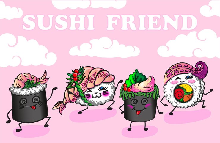 Vettore illustrazione di cibo giapponese del fumetto vettoriale con diverse emozioni carino felice divertente sorridente sushiroll e wasabicarino set di caratteri sushi nuvole sullo sfondo xdxa