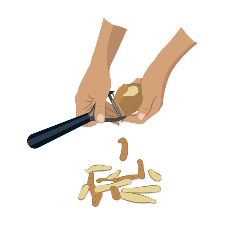 Vettore illustrazione di cibo piatto vettoriale del processo di pelatura delle patate