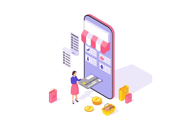 Illustrazione di colore isometrica app shopping online