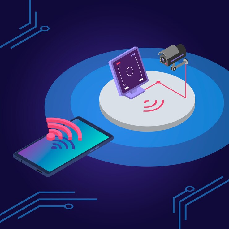 Vettore illustrazione di colore isometrica del sistema di sicurezza. telecomando della telecamera di sorveglianza, monitoraggio dell'app per smartphone. protezione domestica intelligente, concetto 3d del sistema di allarme isolato su priorità bassa blu