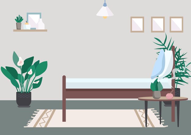 Illustrazione di colore piatto camera da letto. Letto per il relax. Incentivo sul tavolo per l'aromaterapia. Posto per riposare. Mobili per la ricreazione a casa. Interiore del fumetto 2D camera con parete sullo sfondo