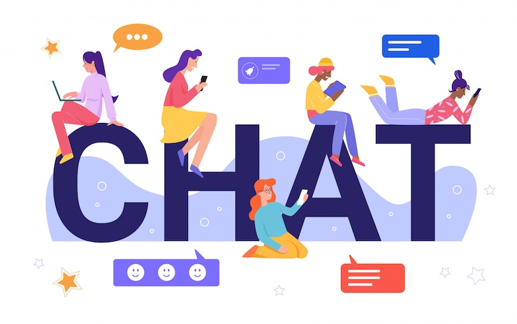Vettore illustrazione di concetto di chat online. caratteri minuscoli piani della giovane donna del fumetto che chiacchierano, amici di ragazza virtuali felici che leggono, che scrivono i messaggi, amicizia sociale di media a distanza isolata su bianco