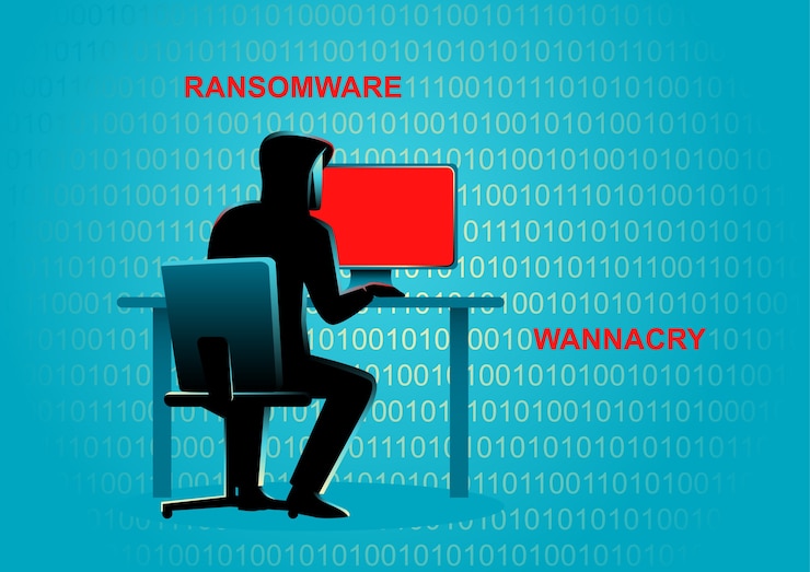 Vettore illustrazione di concetto di un hacker dietro il desktop computer