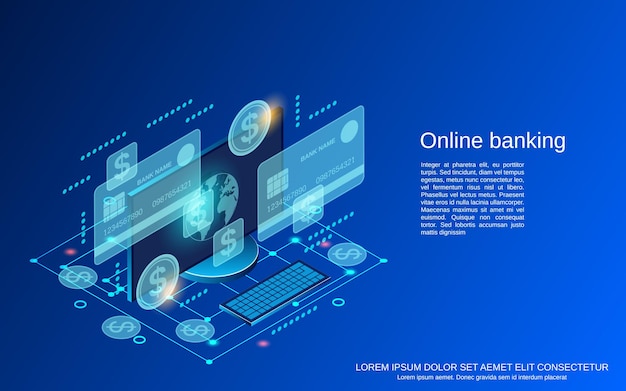 Illustrazione di concetto di vettore isometrico piatto 3d di servizi bancari online