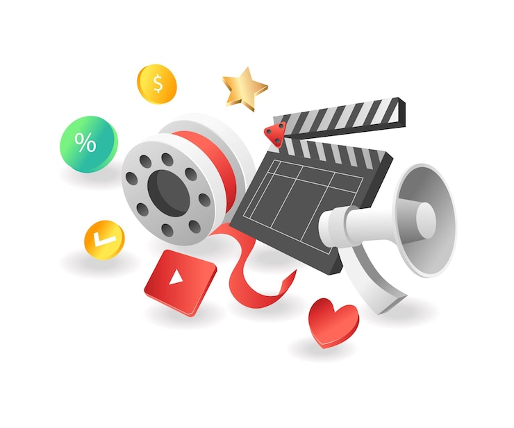 Vettore illustrazione di concetto isometrico piatto campagna video di contenuti di marketing digitale