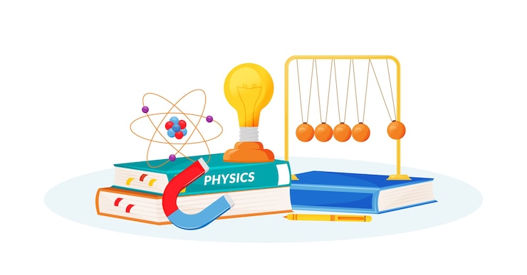Vettore illustrazione di concetto piatto di fisica. materia scolastica. metafora delle scienze naturali. lezione pratica. corso universitario. libro di testo per studenti e oggetti di laboratorio scolastico oggetti del fumetto 2d