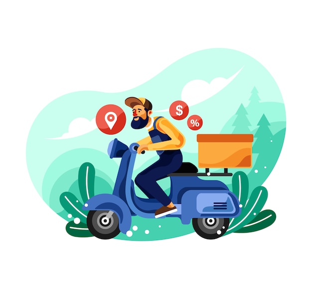 Illustrazione di consegna moto servizio corriere
